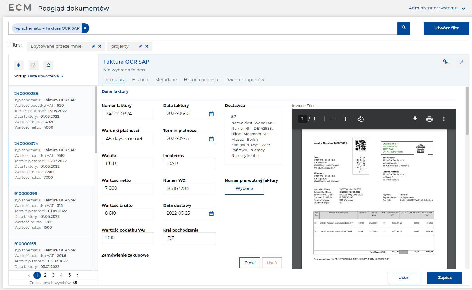 Obieg Faktur Zakupowych - wyszukiwanie dokumentów Faktur OCR SAP
